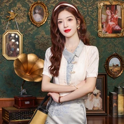 Chiffon Chinese Style Women's Shirt Summer Vintage Blouses Loose Short Sleeves Women Tops Fashion Clothing 2024 Korean