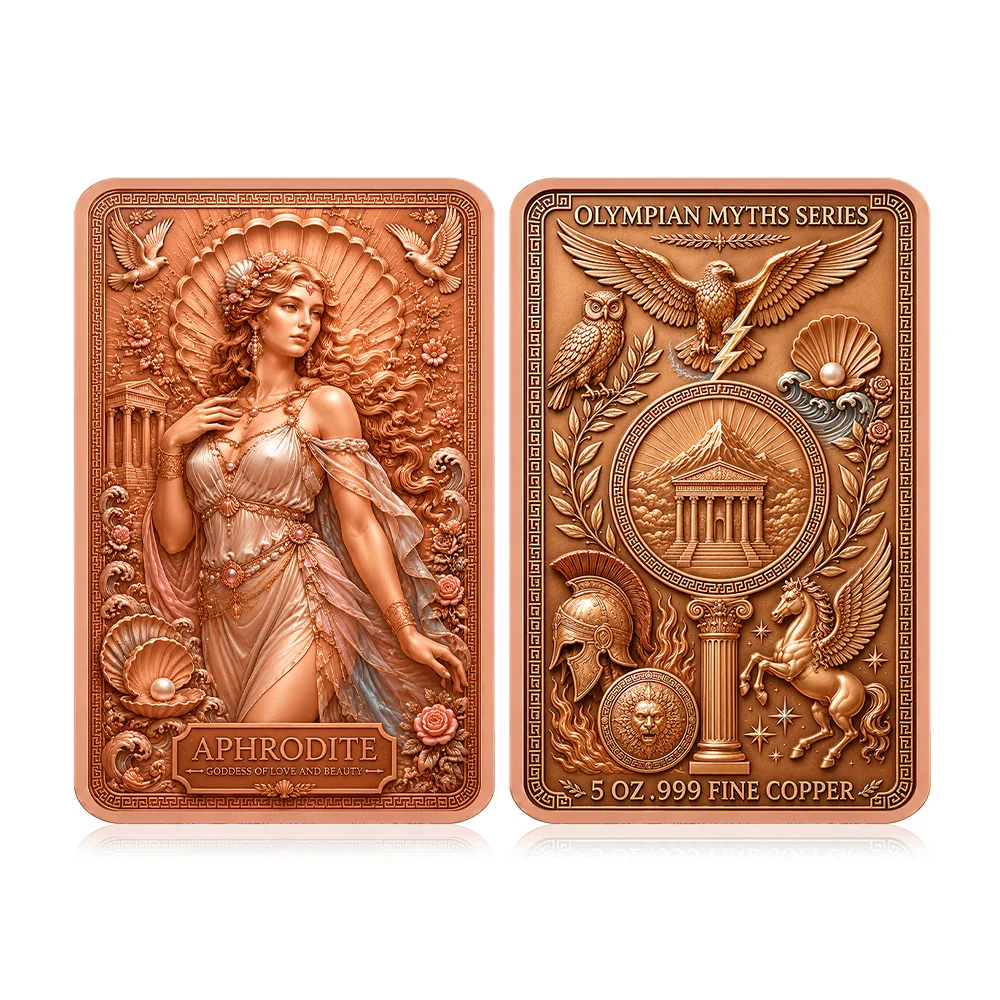 5OZ .999 Fine Copper Bar High Relief Aphrodite Goddess Olympian Myths Series Embossed Color Collectible Metal Bar Souvenir Gift