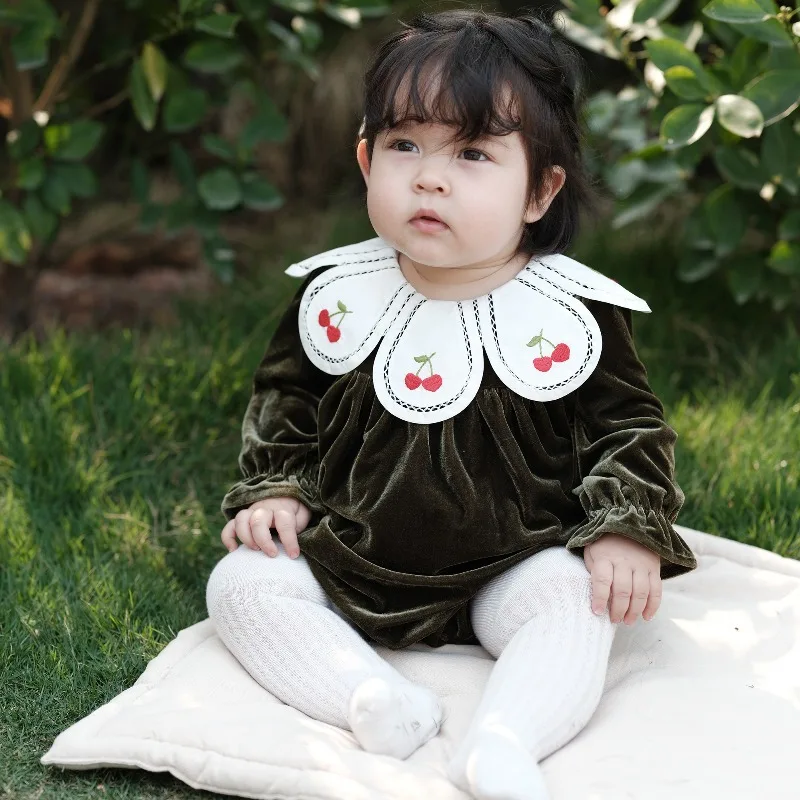 Baby Girls Velvet Romper Out Clothes Autumn and Winter Thick 0-3 Years Old Long-sleeved Cotton Lining Climbing quality Clothes