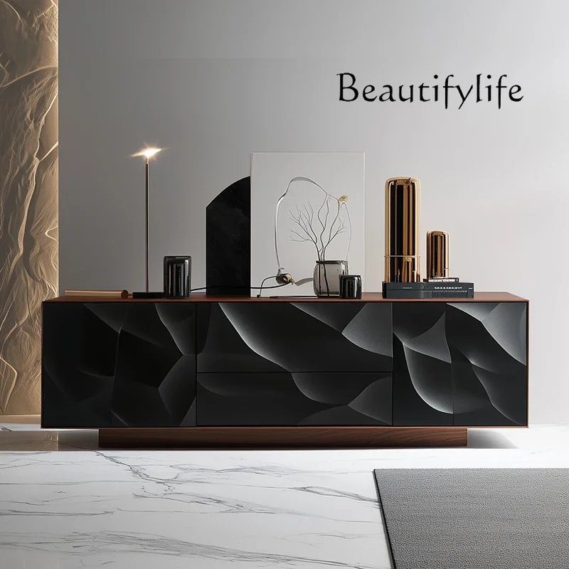 

X36 High-end Solid Wood Dining Side Cabinet Nordic Art Relief Locker Wabi Sandy Wind Walnut Porch Cabinet Black