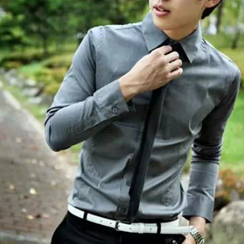 

Casual Summer Shirt Men 2023 Solid Long Sleeved Shirts Business Slim Fit Male Black White Social Shirts Camisa Masculina Tops