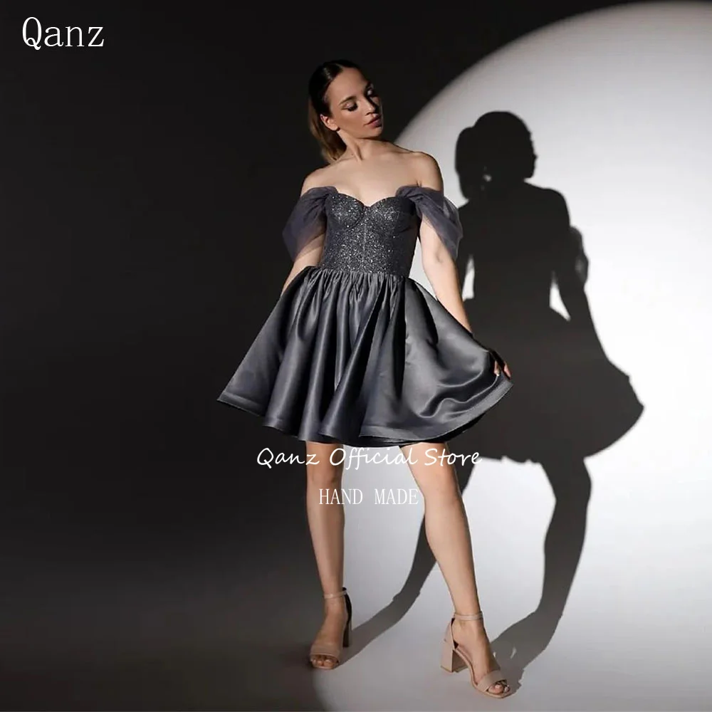 

Qanz Black Satin Prom Dresses Shiny Glitter Off the Shoulder Formal Occasion Dresses Short A Line Vestidos De Gala Customized