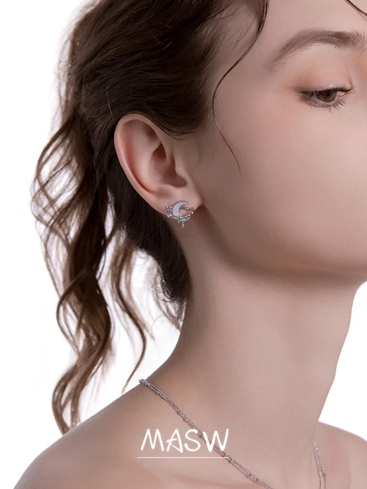 MASW Original Design Glass Moon Earrings Trendy Jewelry Cool High Quality Brass Asymmetrical Earrings For Women Gift 2023