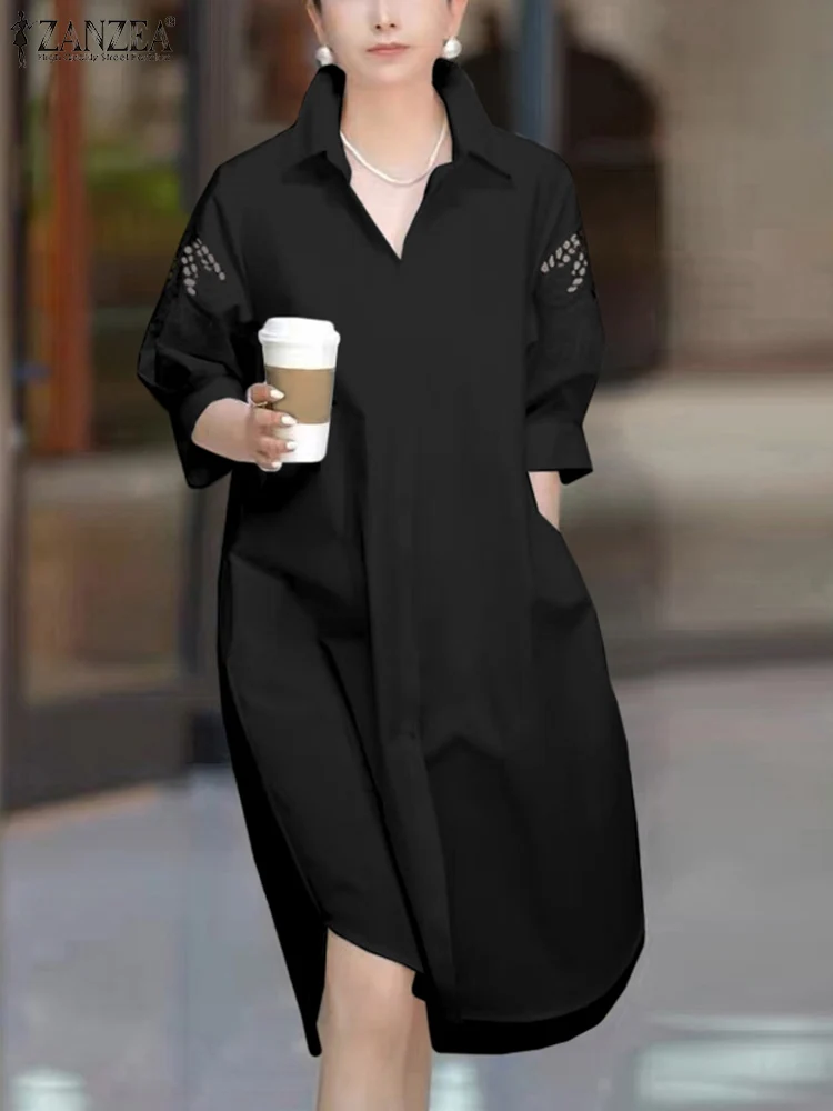 ZANZEA Women Loose Shirt Dress Fashion Solid Lace Insert Streetwear Knee-length Dress 3/4 Sleeve Summer Casual Lapel Sundress