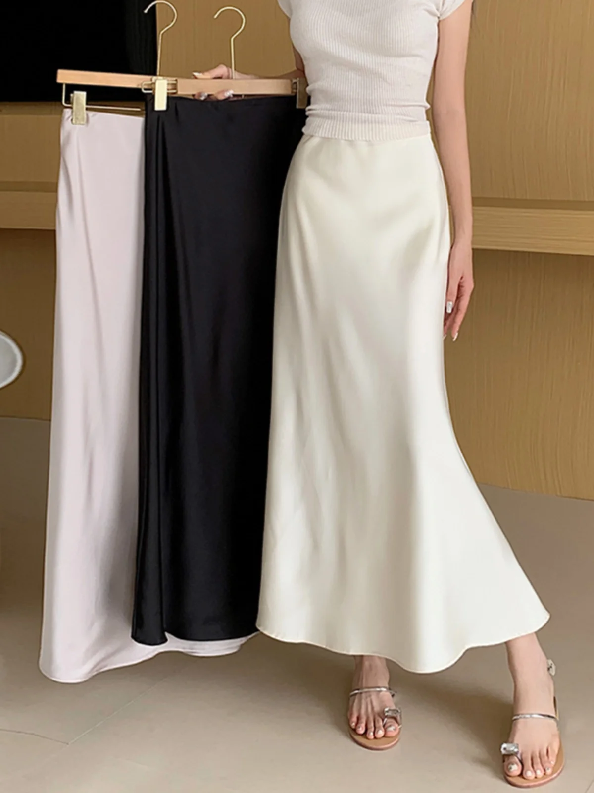 

Дизайнерская атласная юбка-миди с завышенной талией и эффектом утяжки, облегающая, летняя, повседневная, в корейском стиле, для офиса