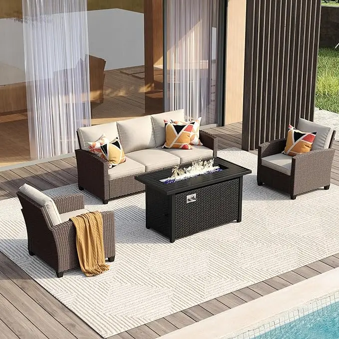 4 Stück Gartenmöbel Set, Terrasse Rattan Gesprächs sets mit Feuerstelle Tisch