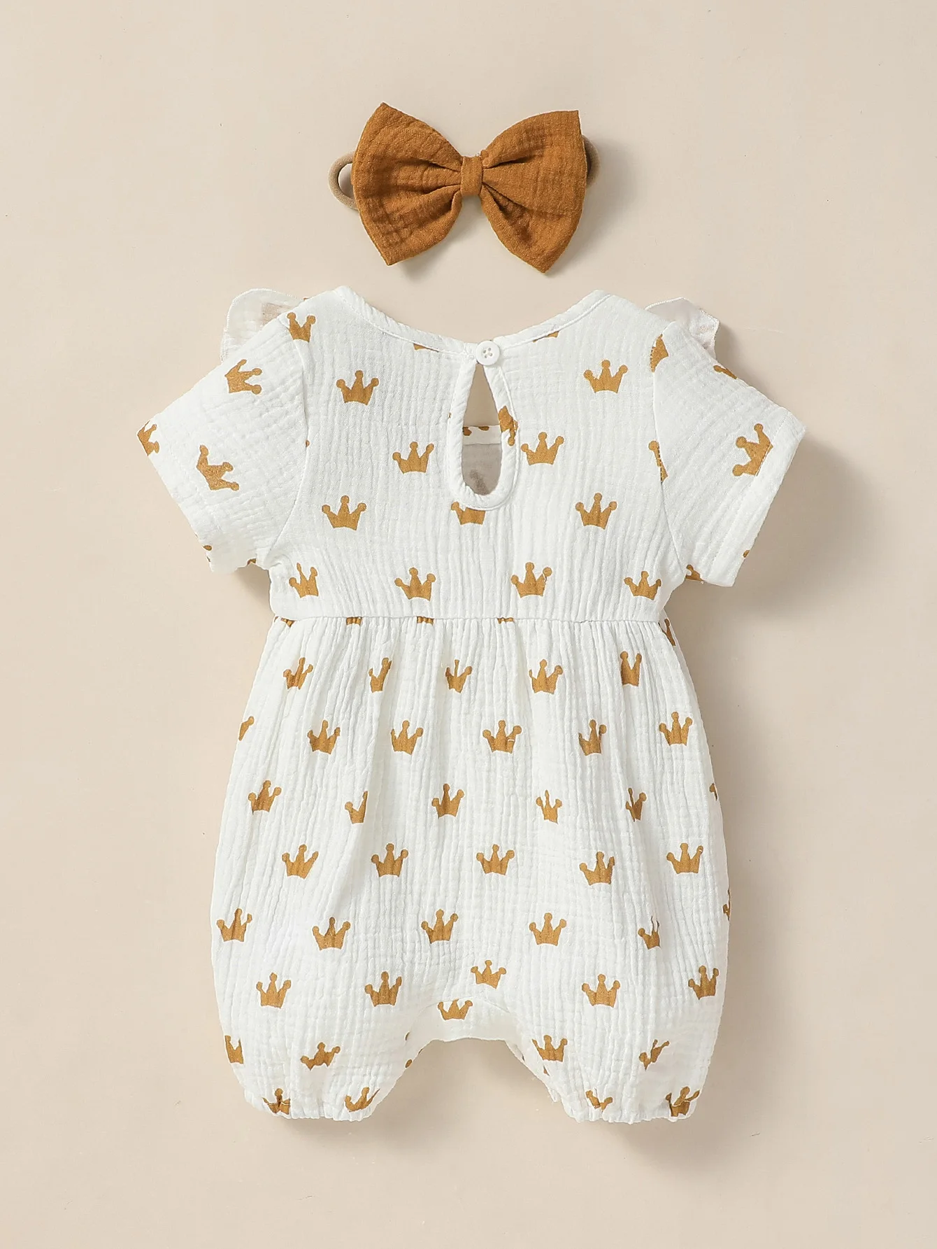 Baby Girl  Short  Sleeve Printing Crown Daily Cotton Jumpsuit With Bow Summer Outdoor+headwear