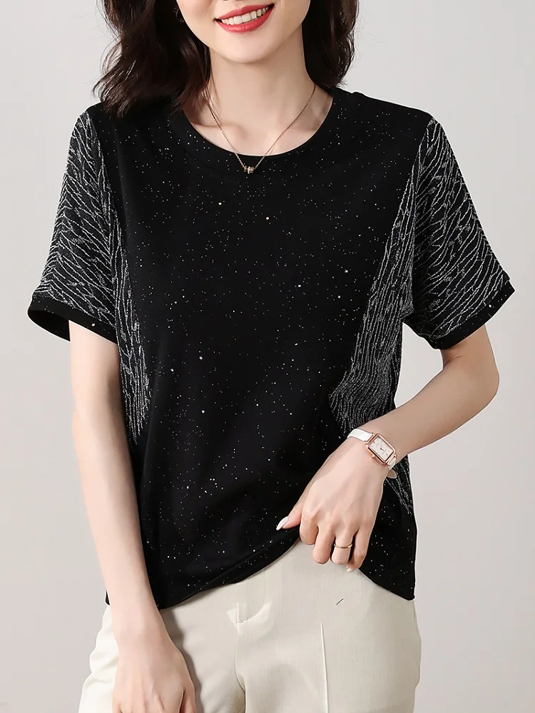 

TuangBiang 2023 Bright Silk Loose Lurex Short Sleeves Cotton T-Shirts Women O-Neck Summer M-5XL Tshirts Black Female Simple Tops