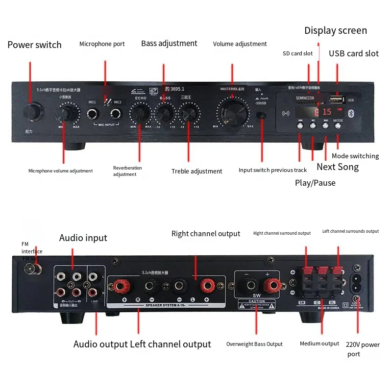 Positive 5.1 channel overweight bass high power stage home theater bluetooth radio outdoor power amplifier wholesale