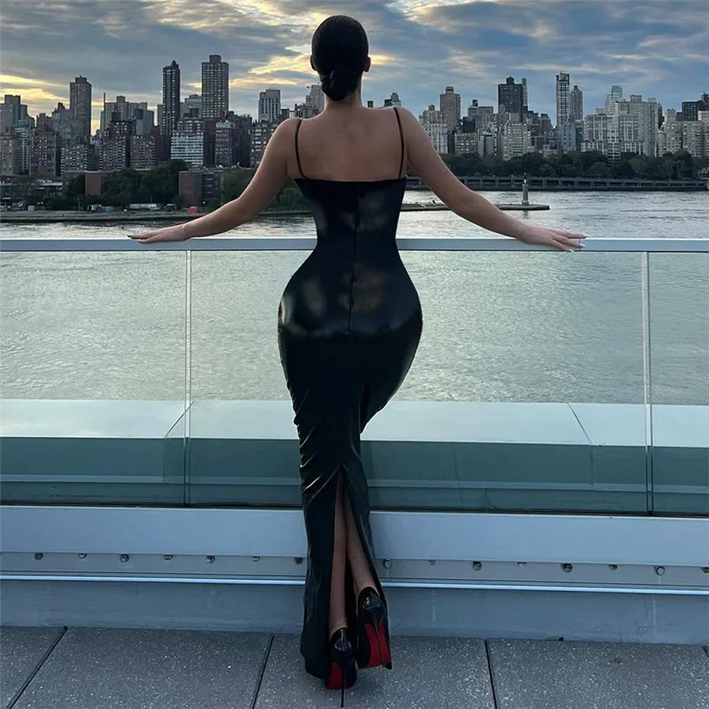 WeiYao Noble Queen-vestido ajustado de corte bajo para mujer, traje Sexy de PU empalmado de encaje transparente, color negro, para fiesta y club nocturno