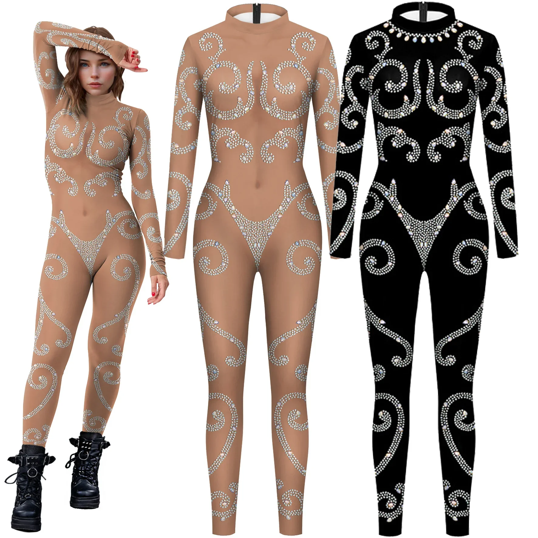 Zentai-mono ajustado con estampado 3D para mujer, traje Sexy de piel de color con patrón de diamantes, fiesta de Halloween de fantasía para disfraz, novedad