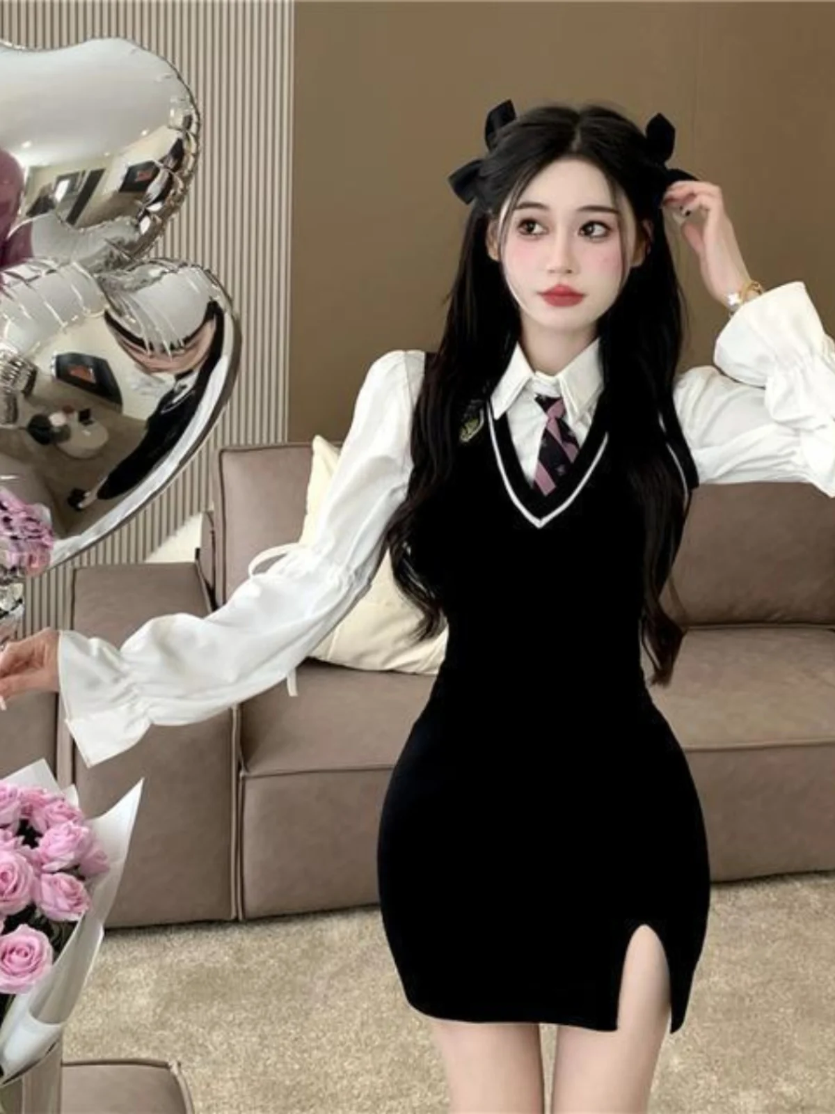 

Модный комплект из двух предметов в стиле школьной формы JK: женская весенняя новинка — рубашка и платье-жилет из смесового хлопка