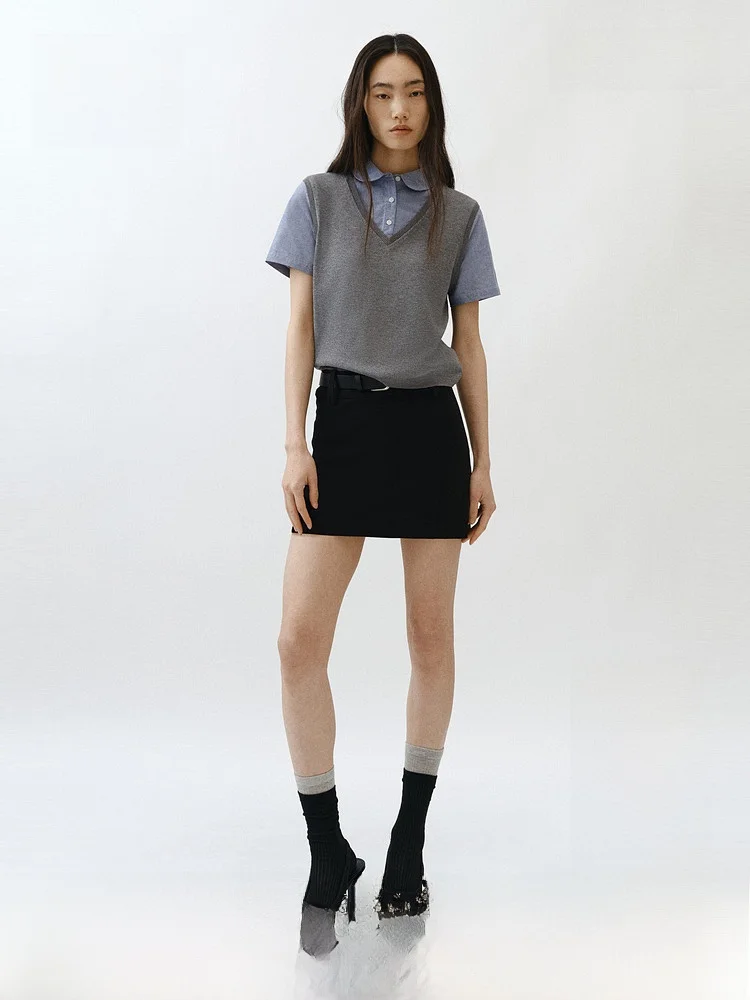 

H&M Women's Shirt 2026 Summer New College Style Fake Two-Piece Layered Fashion Design Top Casual Fit round Neck Short Sleeve