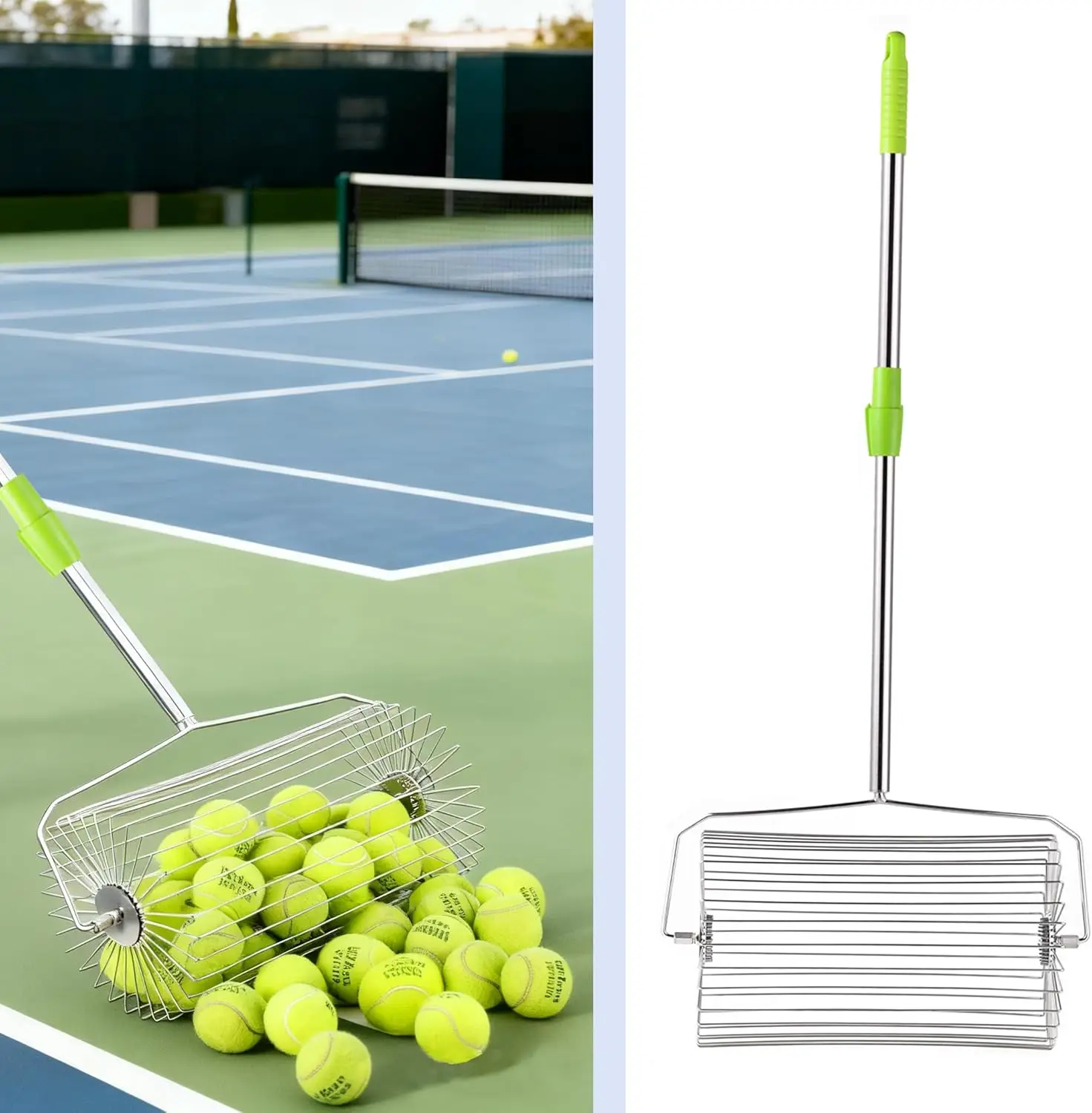 

Tennis Ball Collector,Tennis Picker Upper for Coaches and Training Sessions,Stainless Steel Tennis Ball Retriever Holds 45 Balls