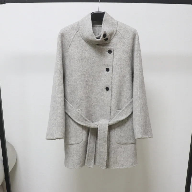 Autumn Winter Stand Collar Solid Double Sided Wool Overcoat Double Sided Fabric Coat Woman Single Breasted Lace Up Woolen Jacket