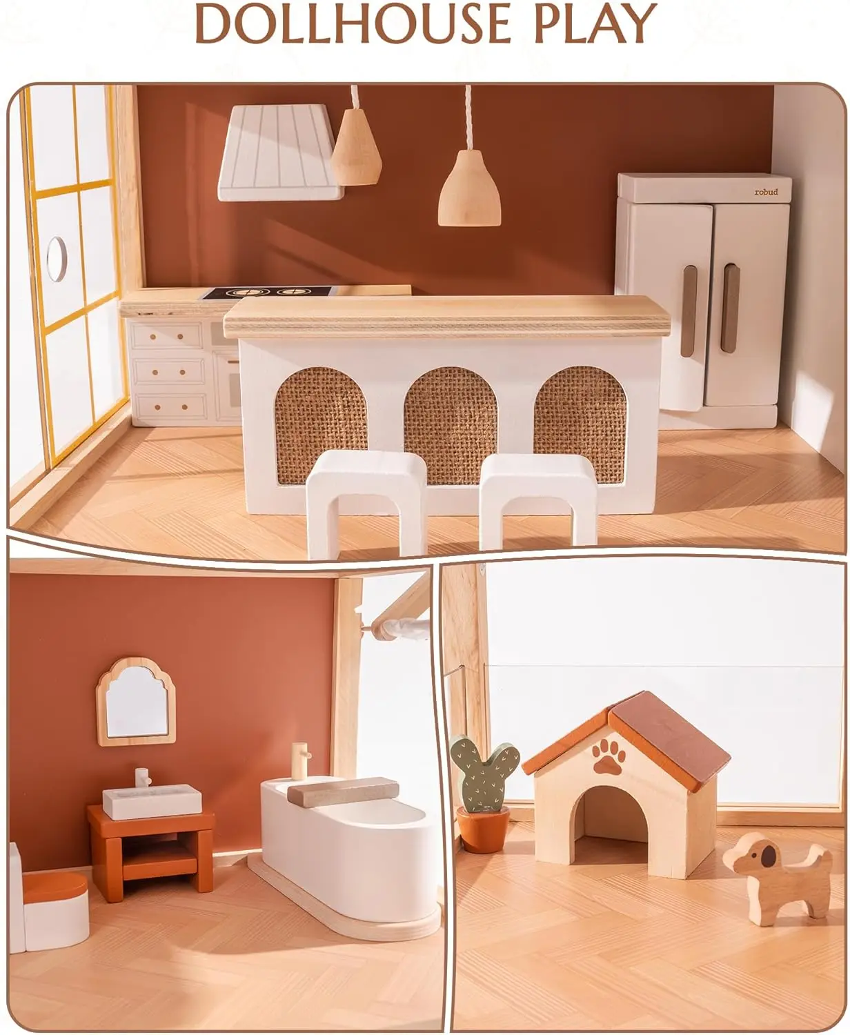 Robotime Robud Doll House Maison de poupée bohème en bois avec un design réaliste comprend 37 pièces de meubles et d'accessoires pour enfants