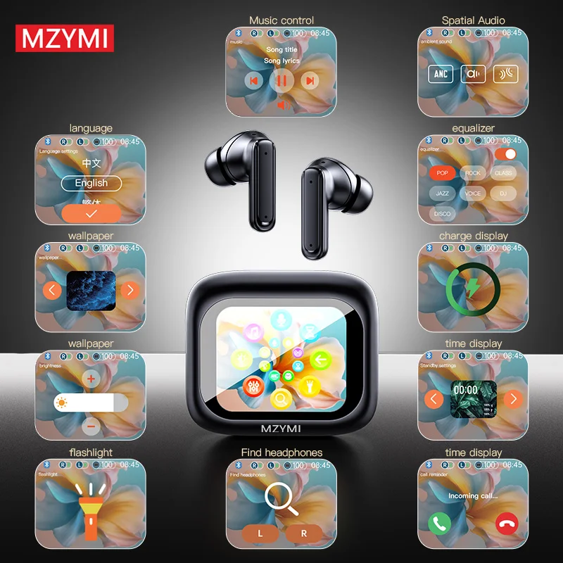 MZYMI E18 pro Wireless Earphone Bluetooth5.4 Touch Screen Headphone Active Noise Cancelling Earbuds Headset With Mic