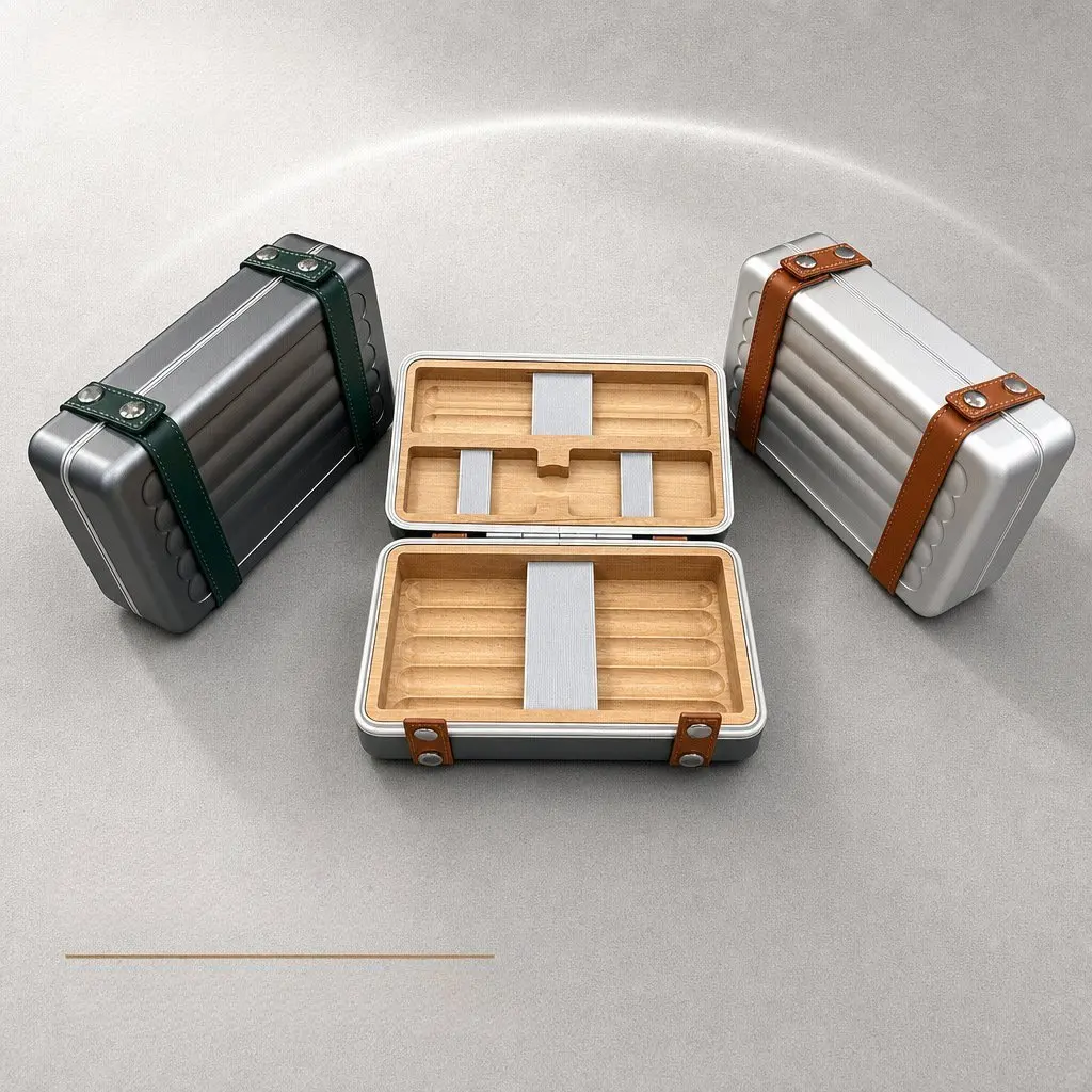 Aluminum alloy cigar box with cedar wood inner lining, optional cigar moisturizing storage box