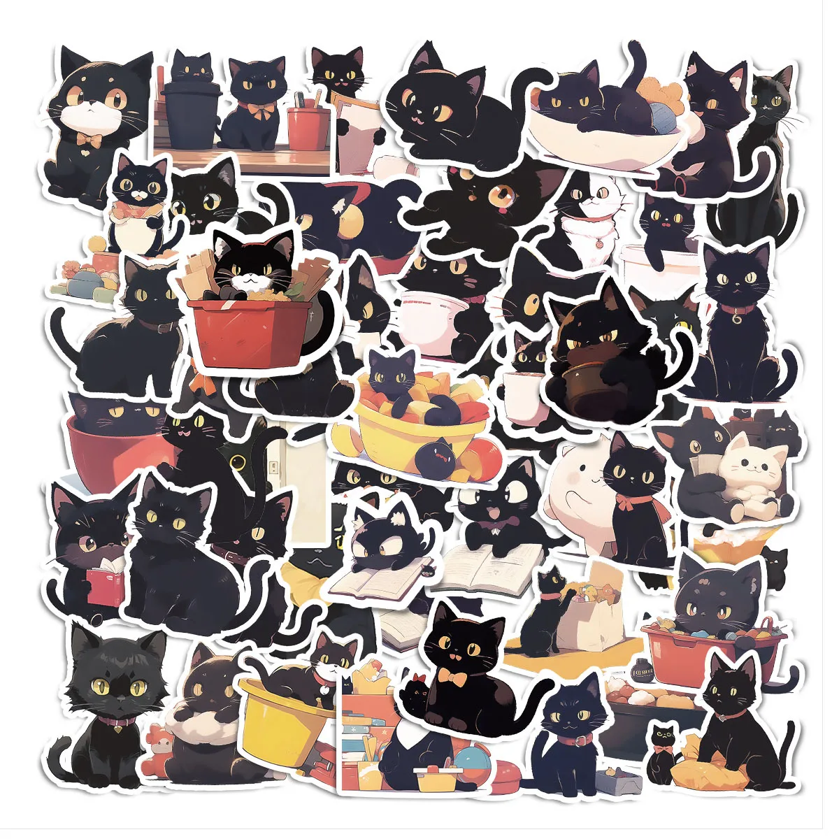 10/30/50PCS Cute Black Cat Cartoon Graffiti Sticker Decorative Water Cup Phone Case Laptop Luggage Refrigerator Decal Kids Toy