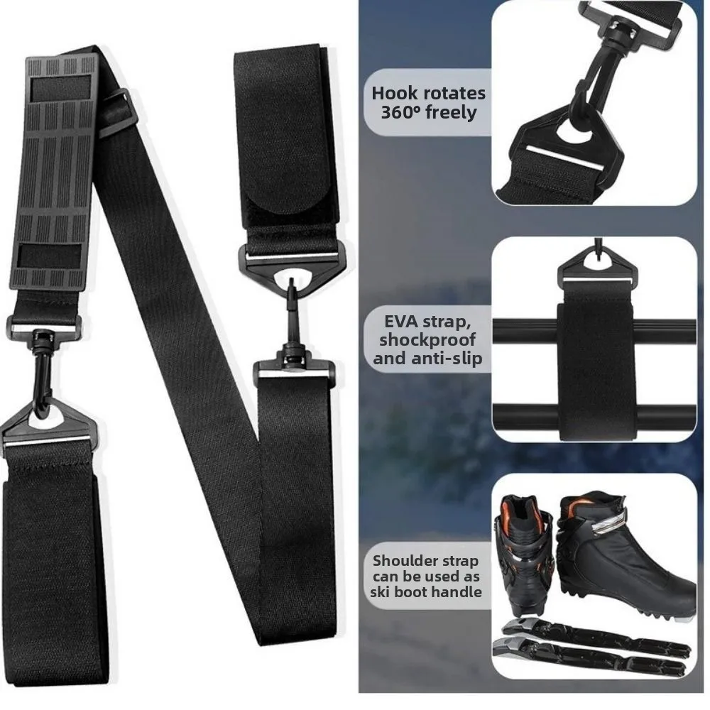 Adjustable Snowboard Carry Strap Fixed Strap Hand-held Design Ski Carrier Strap Plastic Buckle Black Ski Shoulder Strap