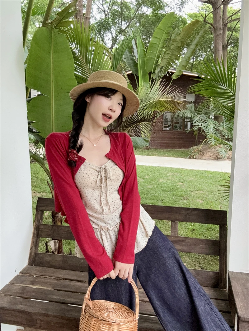 

Fashionable Pure Color Long Sleeve Open Cardigan Set for Women Summer Floral Print Anti-Aging Strap Vest Two-Piece Set