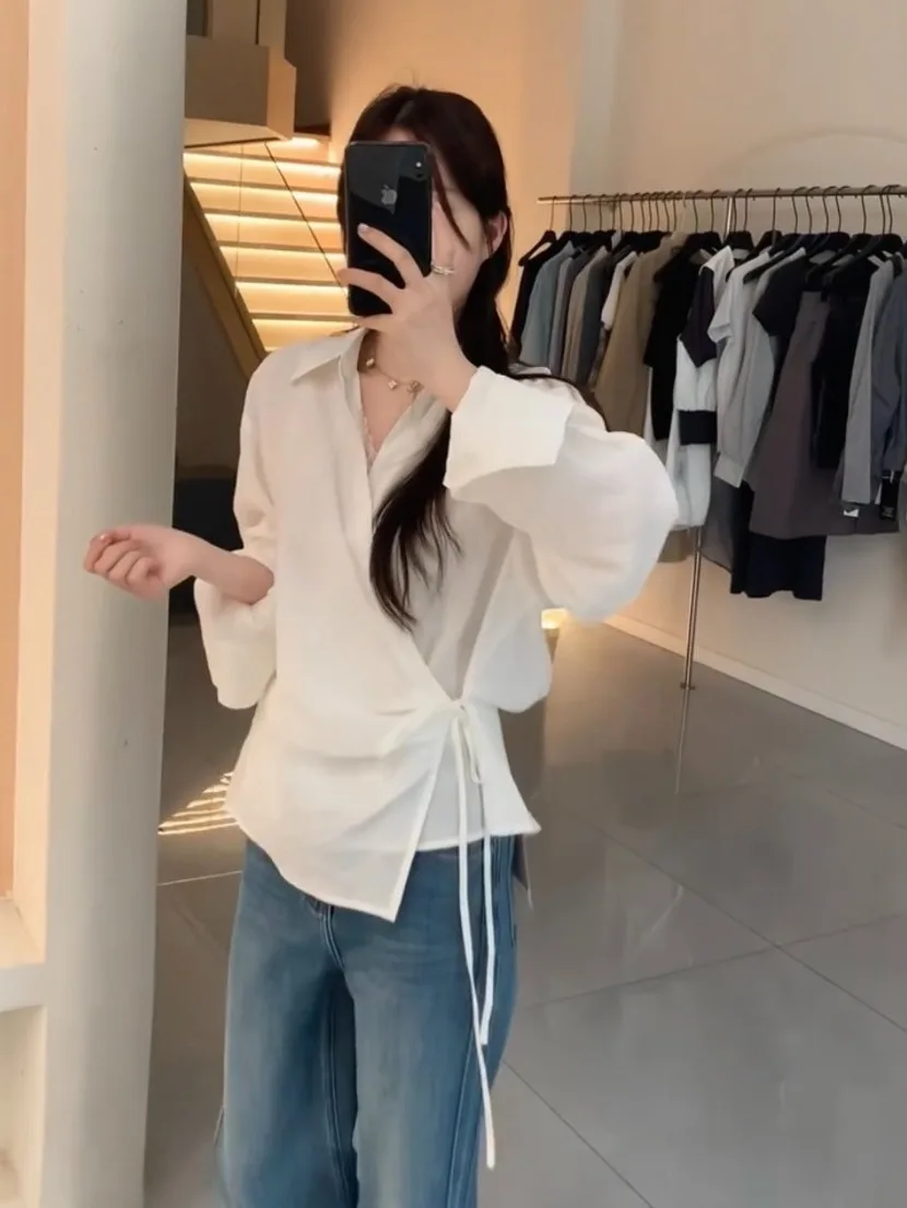 

Белая хлопково-льняная рубашка женская, весенняя новинка, с завышенной талией, универсальная, элегантная, для офиса, для зрелых женщин