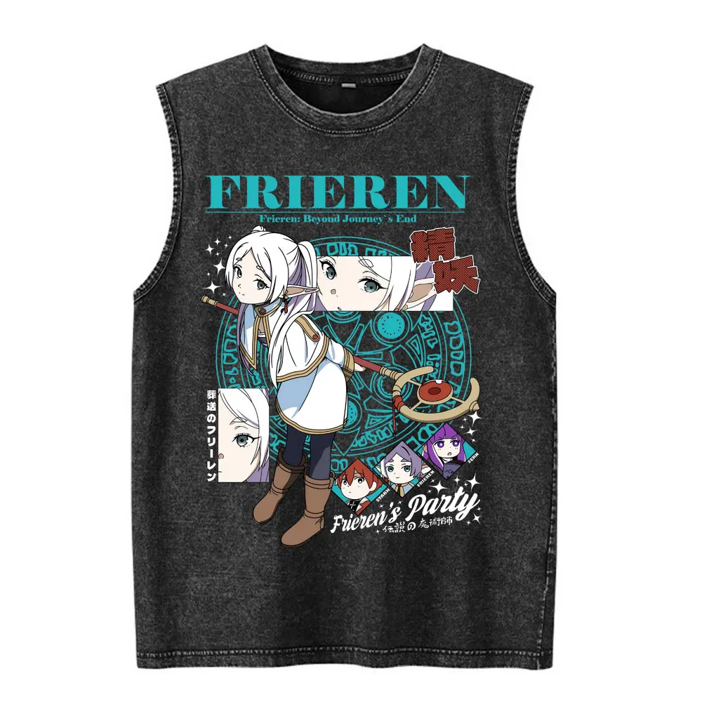 Anime Frieren Beyond Journey's End Vintage Washed Vest T-shirts Men's Women Clothing Harajuku Loose Cotton Sleeveless Tank Tops