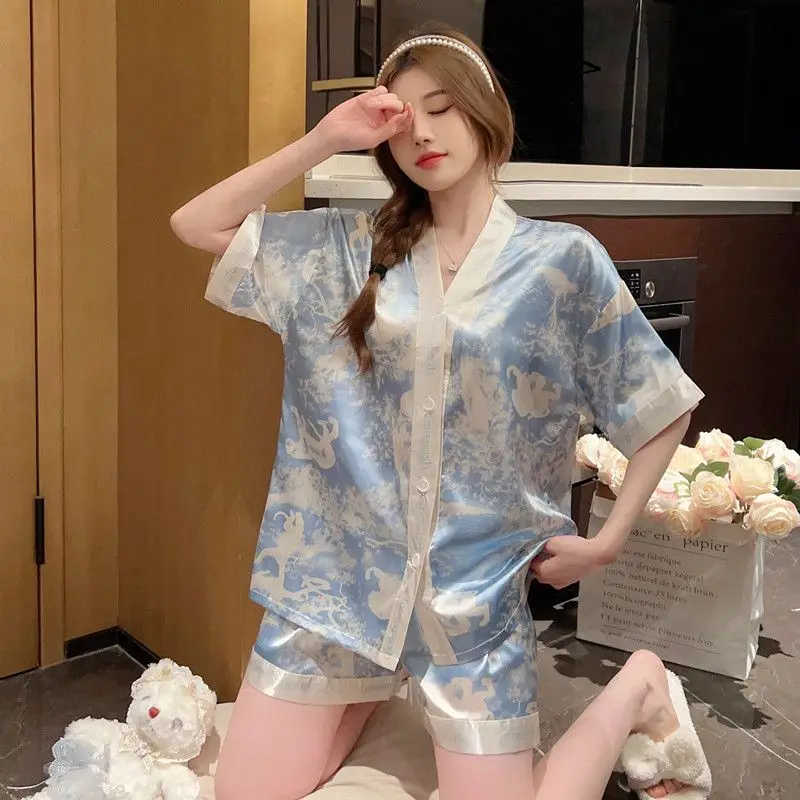 Luxury Women Silk Sleepwear Summer Short Sleeve Cardigan Shorts Two Pieces Homewear Kawaii Clothing Pajama Sets Nightwear Korean