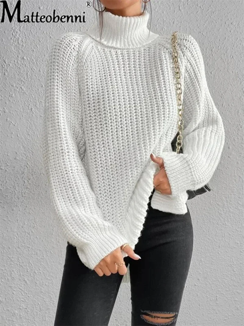 2023 Fashion Knitted Pullover Elegant Solid Color High Neck Sweater Women Winter Casual Loose Warm Thick Section Commuter Jumper