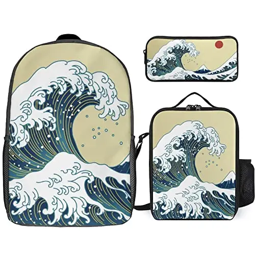 Estilo japonês onda ukiyo-e conjunto de bolsa escolar com lancheira caso lápis para meninos meninas adolescentes mochila diária leve saco de viagem