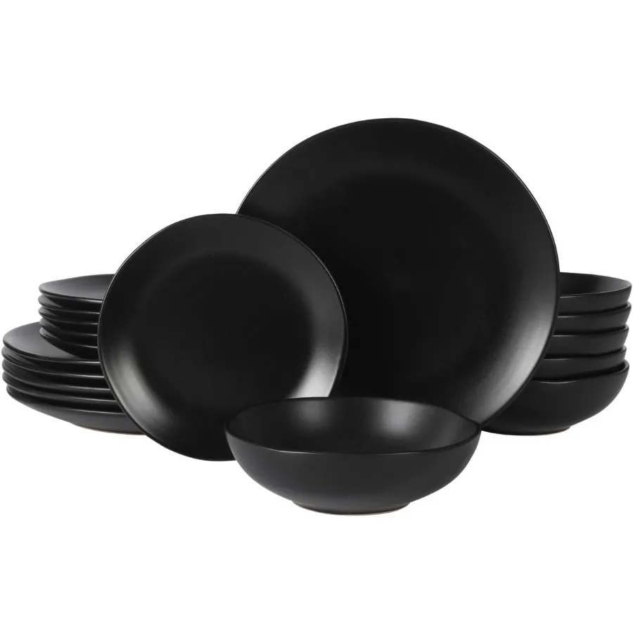 

Elegant Matte Black Ceramic Stoneware Dinnerware Set with Organic Shape Design for 6 People 18Piece Plates and Bowls Set Ideal