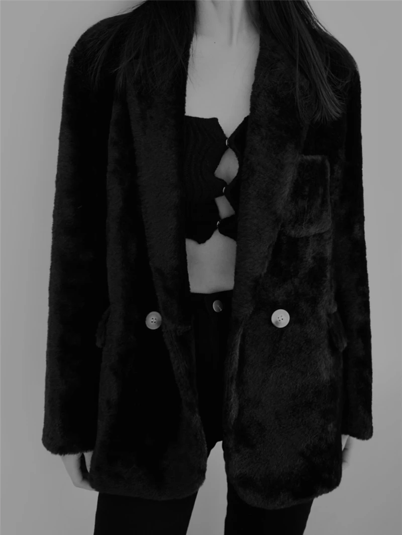 

MOONLET Women's Thiened Fur Jaet Simple Design Loose Casual Versatile Outerwear Long Sve Suit Sle Winter Coat