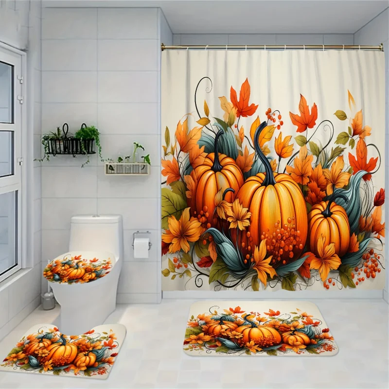 4pc Fade-Resistant Maple Leaf & Pumpkin Bathroom Set - Includes Shower Curtain, Non-Slip Rug, U-Shaped Mat, and Toilet Lid Cover