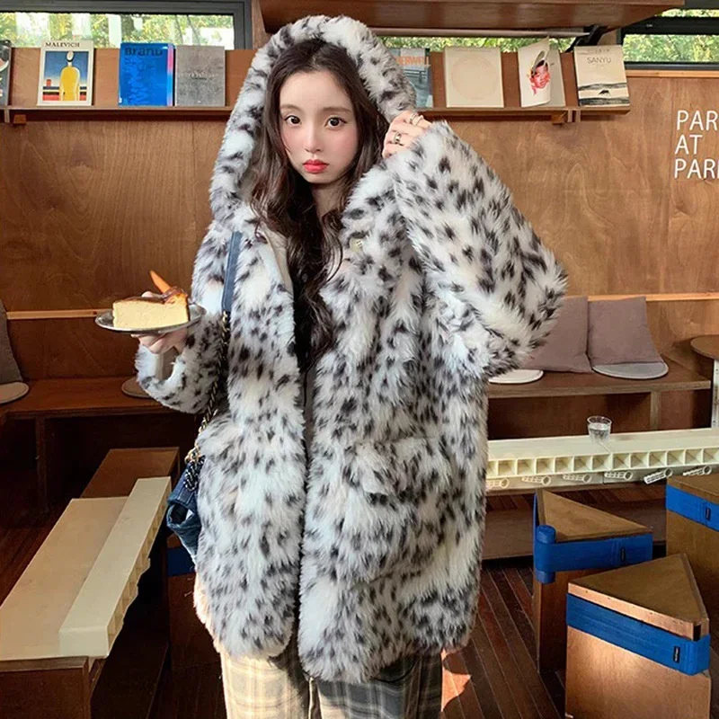 S-9XL Winter Warm Open Stitch Loose Plush Jacket Women Faux Fox Fur Black Dot Leopard Coat With Hat Ladies Thick Short Overcoat