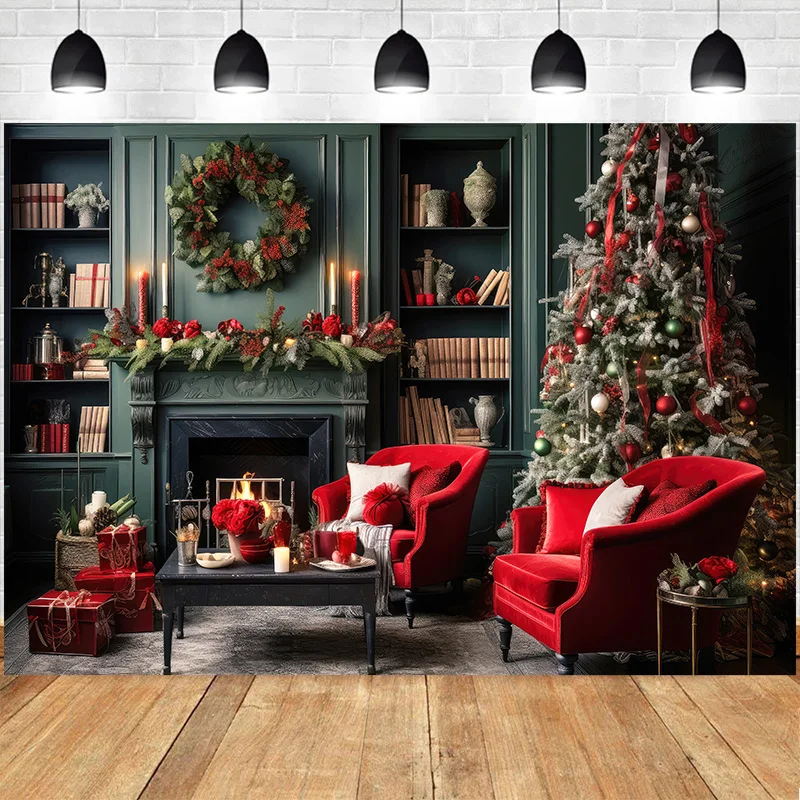 

Christmas Day New Year Photography Backdrops Fireplace Xmas Trees Gifts Snow Winter Holiday Party Deco Photo Background XU-11