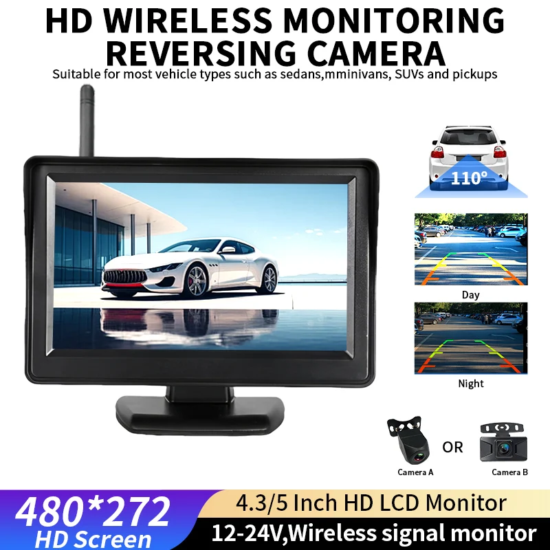 Wireless Backup Camera With 4.3 / 5 Inch HD LCD Monitor System DC12V-24V For Bus Truck Vehicle Parking Reversing Assistant Kit
