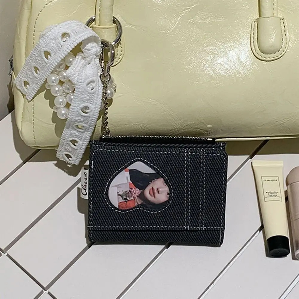 Gifts PU Short Wallet Heart Window Metal Chain Card Holder Wallet Snap Closure Mini Purse