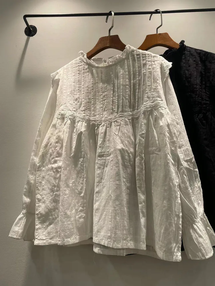 

Autumn 2023 Women's Pure Cotton Long Sve irt Korean Sle Lace Collar Bell Sve Overhead Floral Trim Women's Blouse