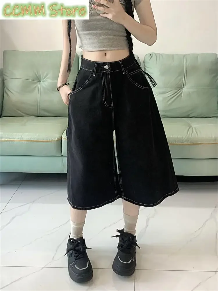 Summer Tyle Women's Black Regular Cropped Jeans Cool Girl Wide Leg Denim Shorts Female High Waist Loose Retro Capris Pants