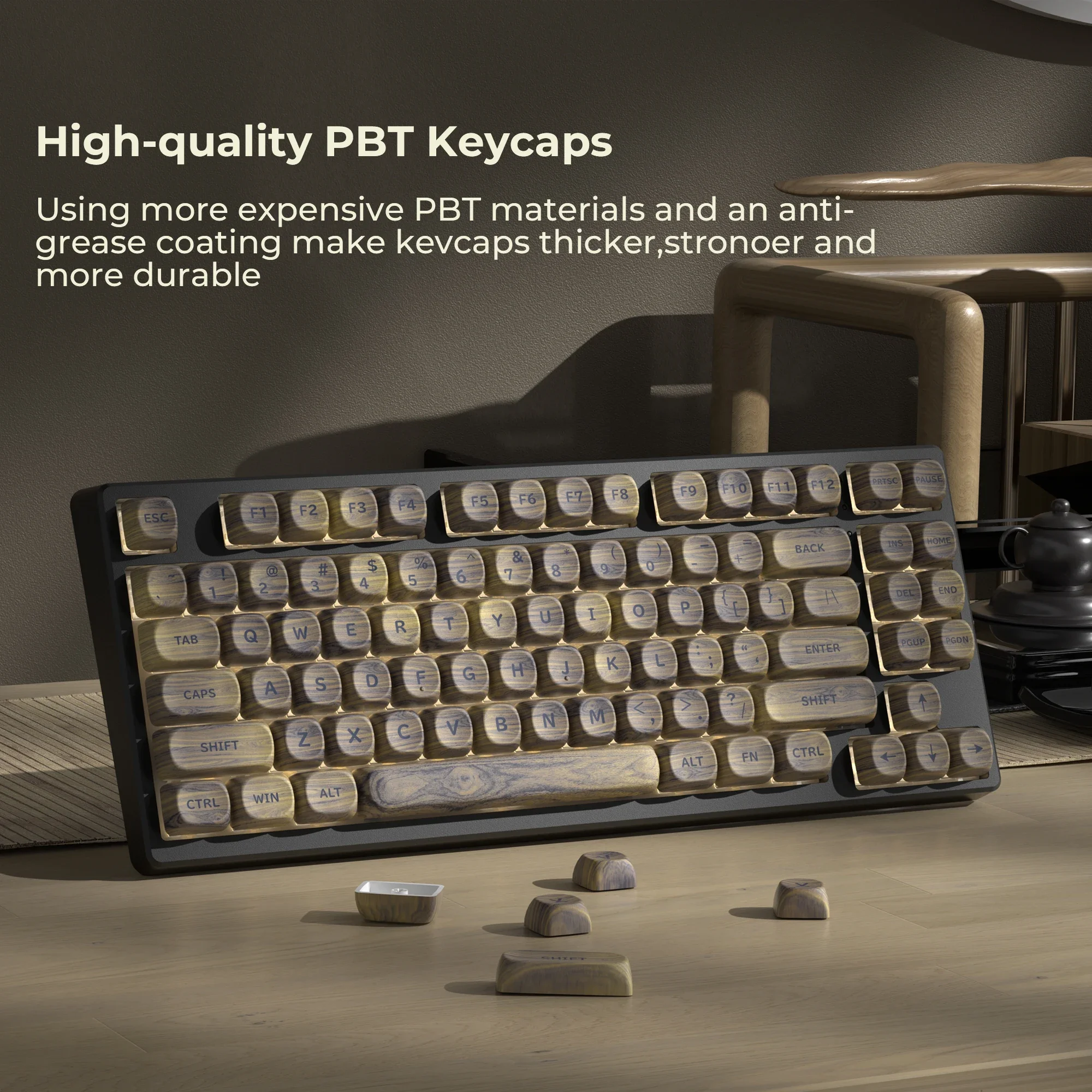 Teclado mecánico PBT con tapa de tecla MOA de grano de madera clara