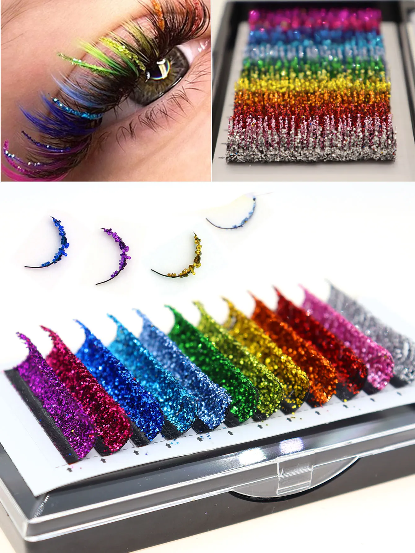 Modische Glitzer-Wimpernverlängerungen, Kristall, bunt, individuelle falsche Wimpern, Mischungsfarben, glänzendes russisches Volumen, professionelle Wimpern – Detail 1