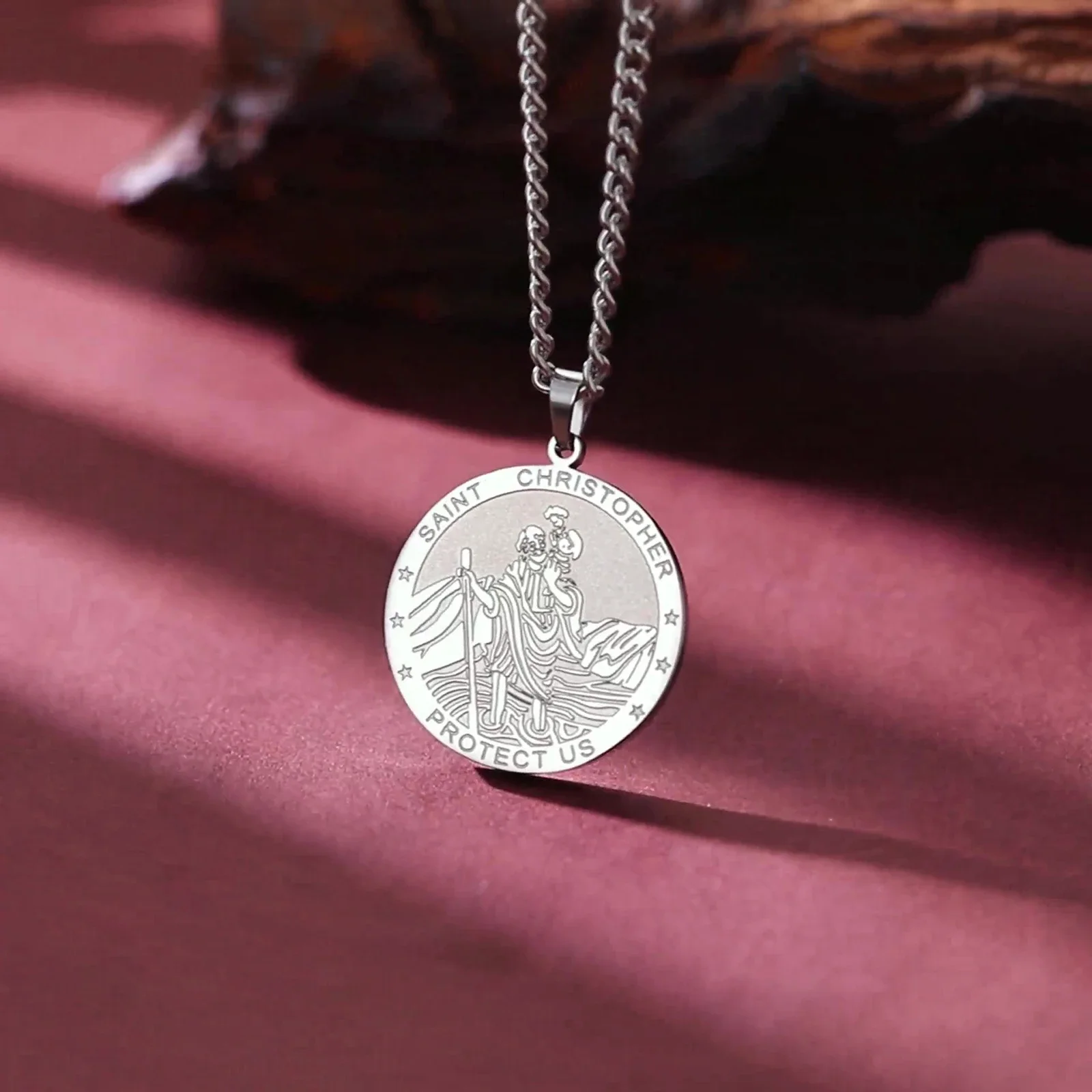 Skyrim Double-sided Saint Christopher Protect US Cross Pendant Necklaces Stainless Steel Gold Color Chain Women Amulet Jewelry