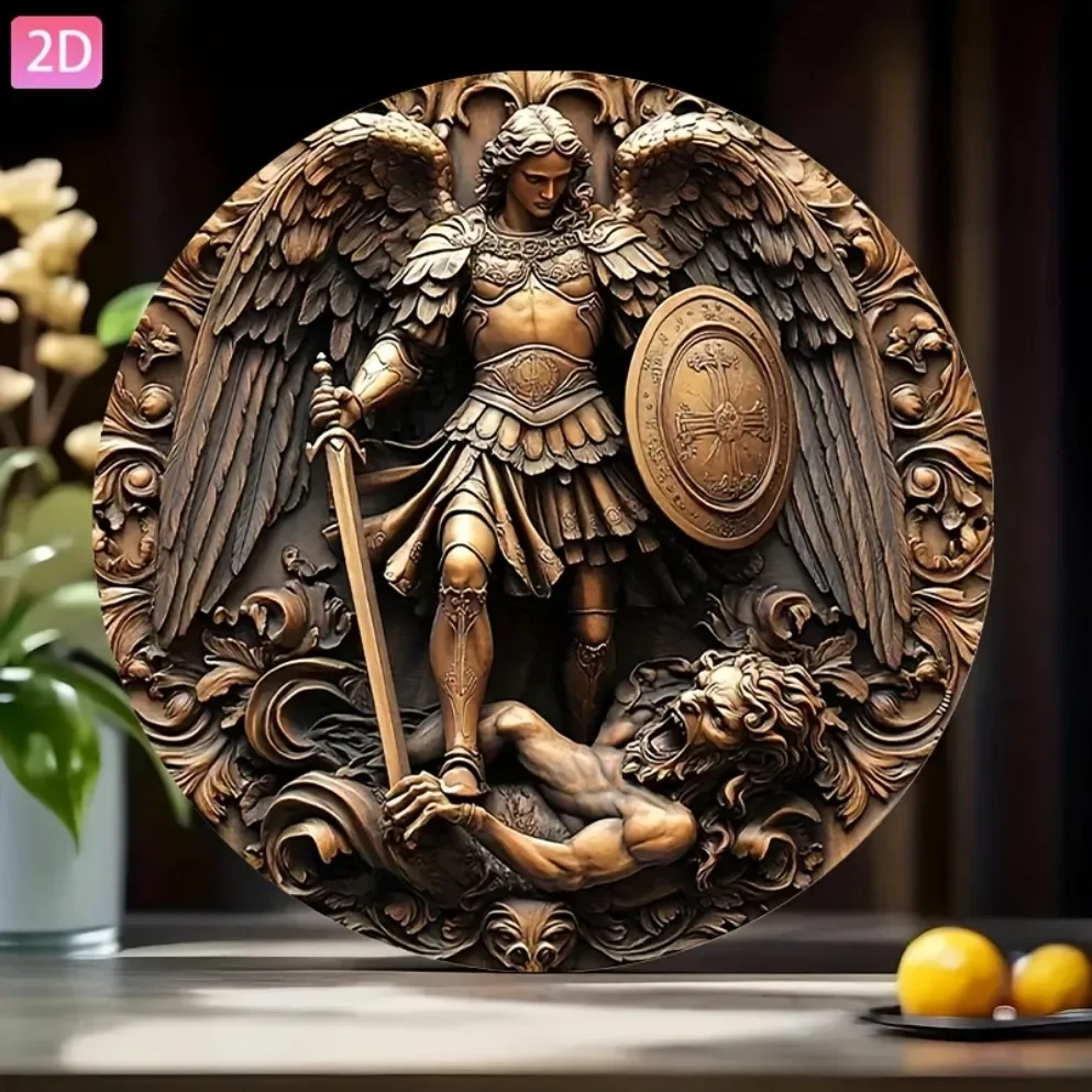 Vintage Archangel Michael Defeating Satan HD Print Metal Tin Sign – Featuring Retro Round Design with Divine Warrior in Ornate B