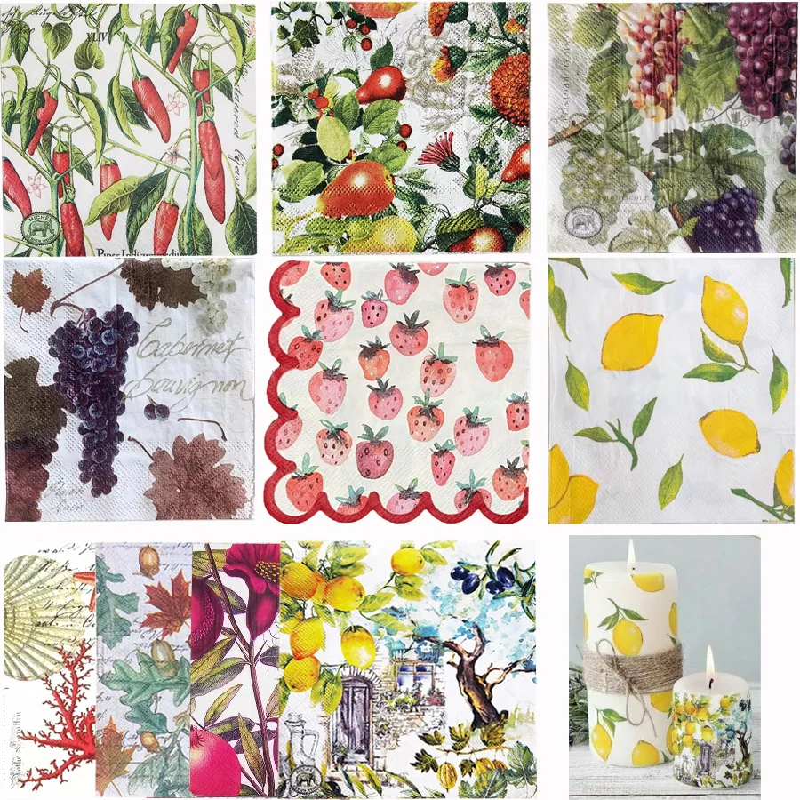 Serviettes en papier à 2 plis pour découpage de fruits, 20 pièces, imprimées citron, fraise, raisin, piment, poire, jetables, pour bricolage, artisanat, décoration de table