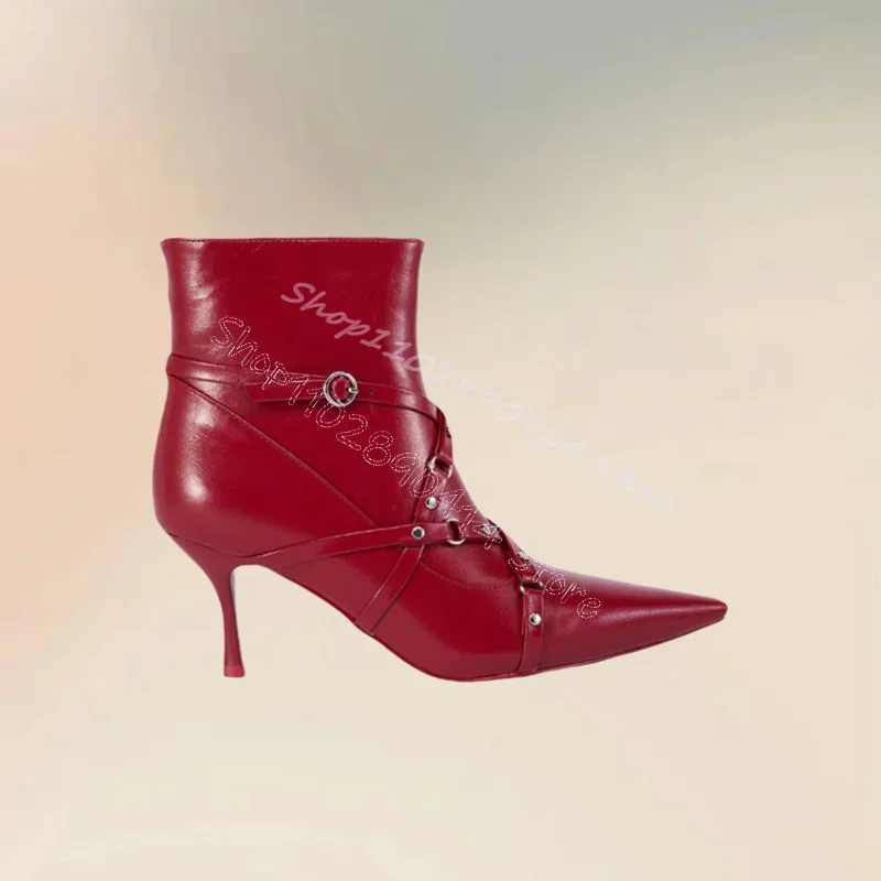 

Red Belt Fastener Decor Pointed Toe Ankle Boots Side Zipper Women Shoes Thin High Heels Party Banquet 2024 Zapatos Para Mujere