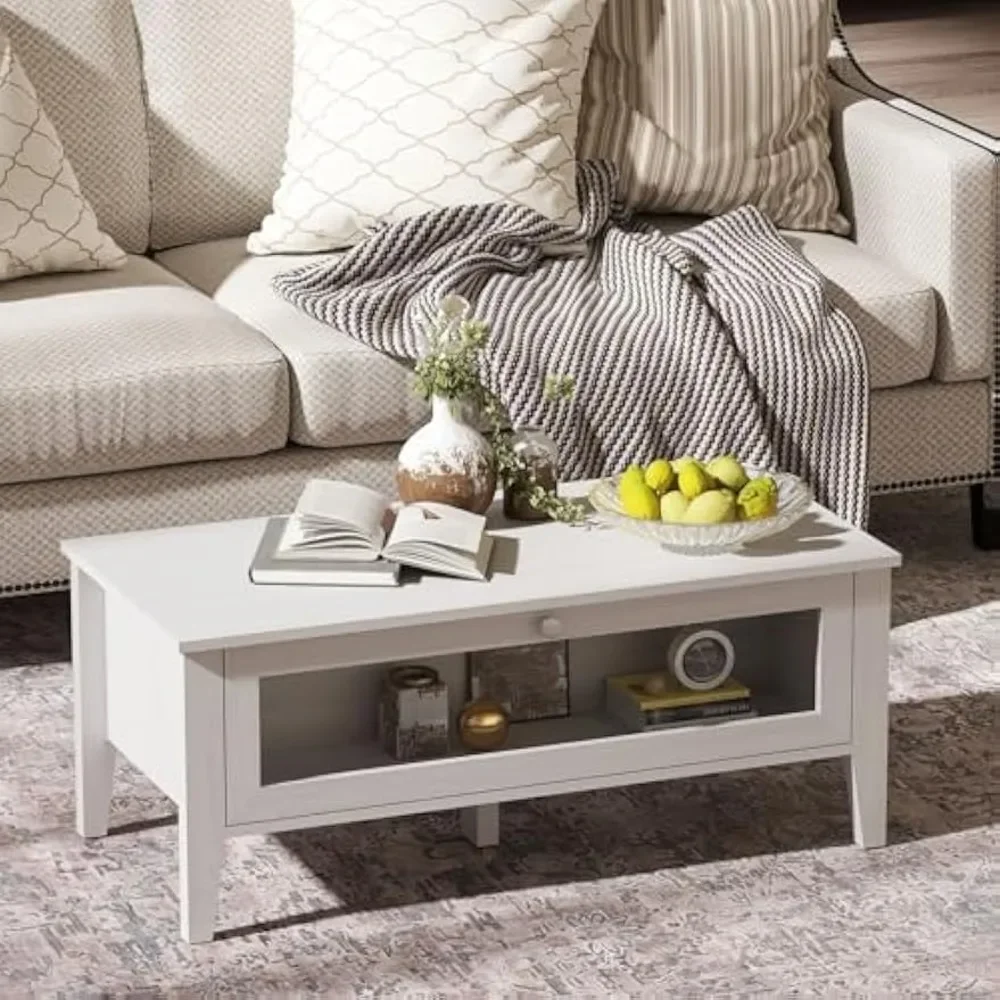 

Modern White Coffee Table with Glass Door Storage Compartment, Rectangular Wooden Center Table for Living Room