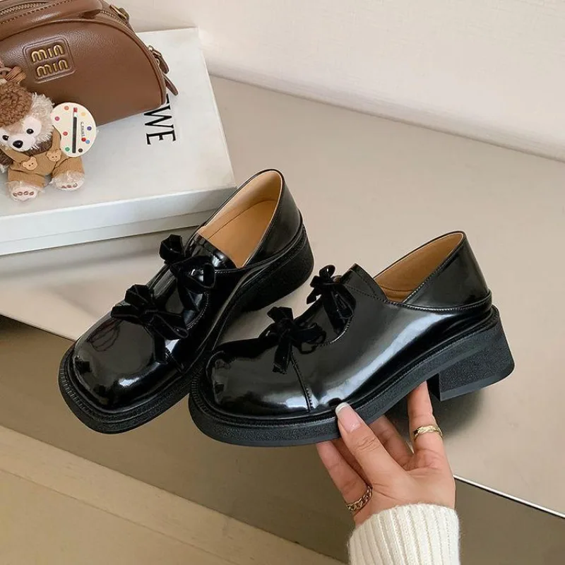 Loafers Shoes for Women with Bow Medium Heels Square Toe Woman Pumps Slip on Footwear Offer Stylish Quick Delivery Young Casual