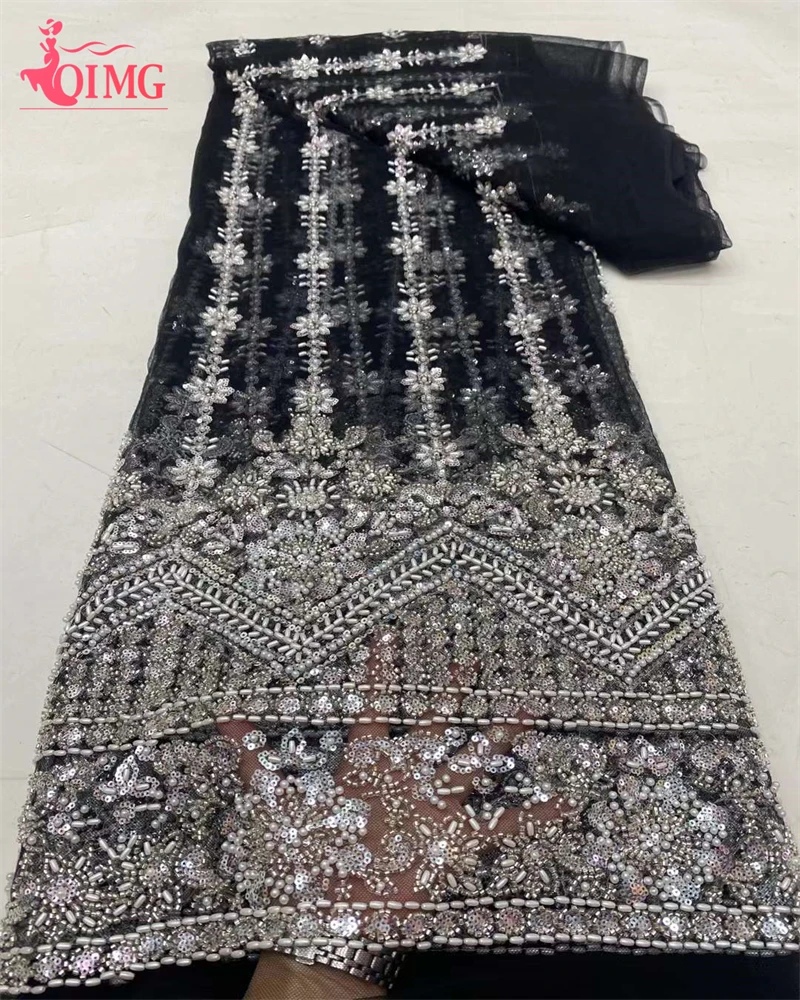 Luxury African Beaded Lace Fabric 2024 High Quality 5 Yards Nigerian Sequins Groom French Lace Fabric for Wedding Party Sewing