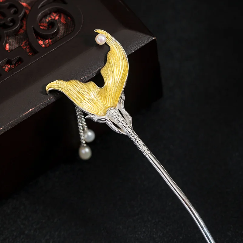 Amxiu Sterling Silver 925 Hair Accessories Creative Ancient Style Design Beauty Fish Tail Hairpin  For Female in Party or Gift