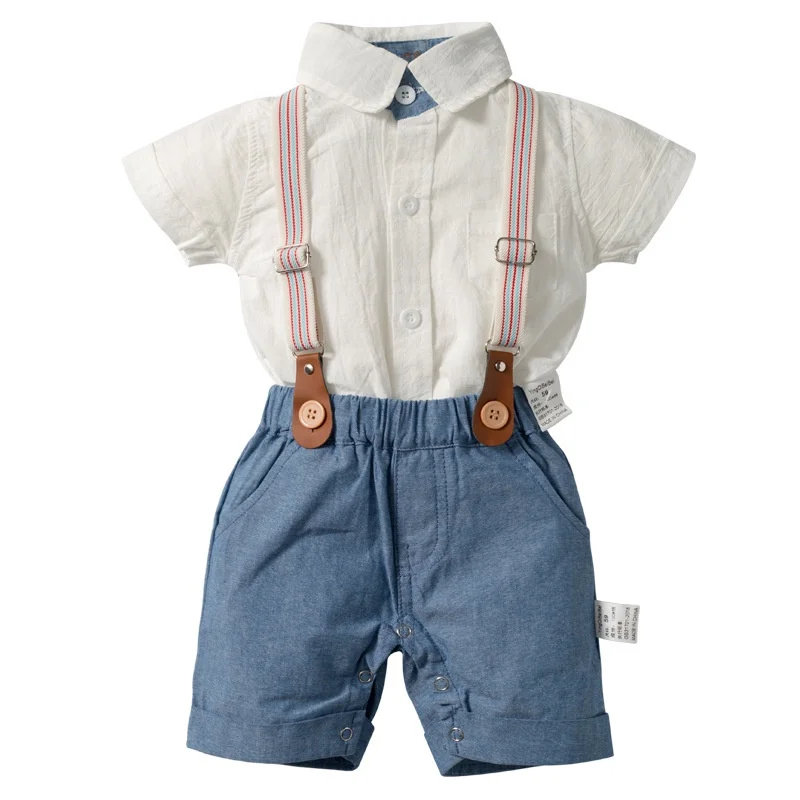 0-24M Christening Clothes for Baby Boy Outfit Church Cross Embroidery White Polo Baby Romper + Suspender Shorts Pants Suits